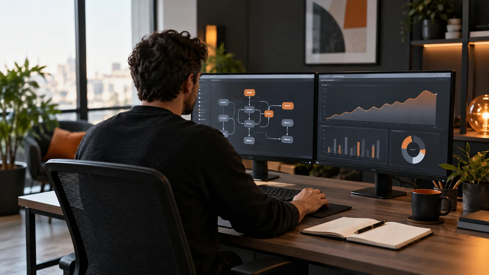Spécialiste vu de dos devant deux écrans présentant un workflow à nœuds et des courbes de suivi SEO.