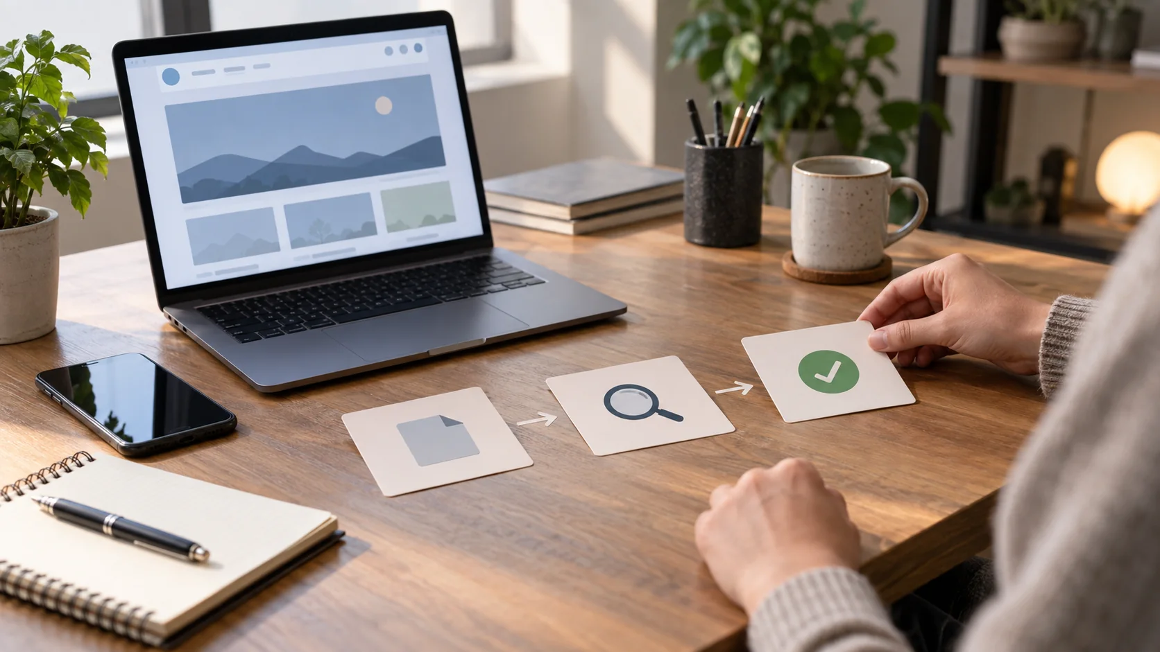 Main déplaçant une carte de validation au terme d’un parcours en trois étapes devant l’aperçu d’un site.